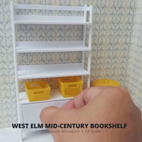 3d Printed Dollhouse, Bookshelf Miniature, Bookshelf Dollhouse, Mid Century Bookshelf, West Elm Mid Century, West Elm Inspired, Dollhouse Library, Miniature Bookshelf, Dollhouse Bookshelf