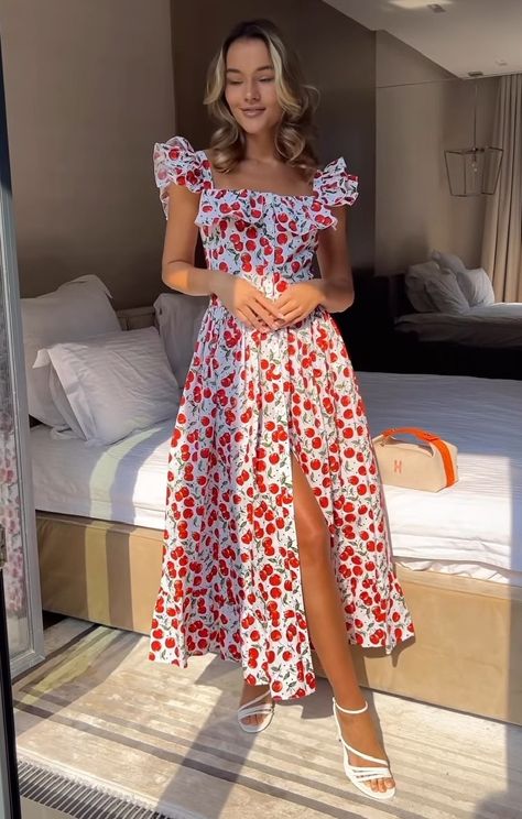 Cherry Print Dress, Sleeve Long Dress, Elegant Dresses Classy, Dresses Classy, Cherry Print, Vacation Dresses, Fall Dresses, Stylish Dresses, Elegant Dresses