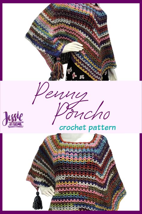 This square poncho crochet pattern features an easy v-stitch with four increases giving the Penny Poncho a playful handkerchief hem.#CALCentralCrochet #HolidayStashdownCAL #Poncho #SquarePoncho #HandkerchiefHem #CrochetPonchoPattern #MagicYarn #MagicKnot #LionBrandYarn #HeartlandYarn #LionBrandHeartland #FreeCrochetPatterns #CrochetPattern #Crochet #Yarn #Crafts #DIY #JessieAtHome #JessieRayot Crochet Square Poncho, Free Crochet Poncho Patterns, Crocheted Ponchos, Poncho Ideas, Yarn Studio, Poncho Crochet Pattern, Big Momma, Crochet Granny Stitch, Crochet Baby Poncho