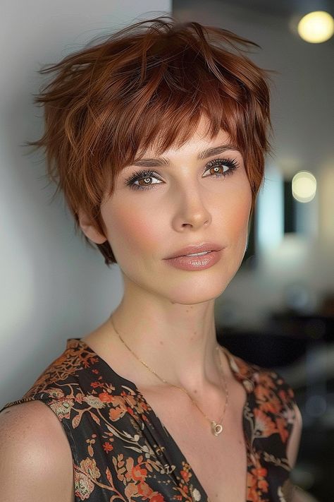 Short Hair With Copper Highlights, Auburn Pixie Haircut With Highlights, Pixie Auburn Hair, Short Fine Haircut, Copper Pixie Hair, Short Copper Hair With Bangs, Auburn Pixie Haircut, Copper Pixie Cut, Layered Pixie Bob