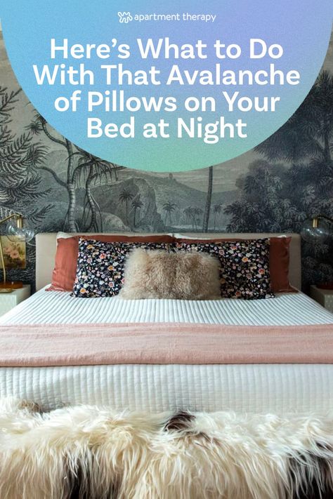 Everyone loves a styled bed that features a bevy of coordinating throw pillows, but where do you put them when it’s time to go to sleep? If you’re looking for a streamlined way to store your pillows at night — or even when you sit on your sofa, if you have a surplus of cushions there — you’ve come to the right place. I interviewed a handful of designers and organizers to get their take on where to put all those pillows you love so much. How To Store Pillows In Bedroom, Store Extra Bed Pillows, Bed Pillow Storage At Night, Throw Pillow Storage Bedroom, Big Pillows On Bed, How To Store Pillows, Bed Throws Ideas, Throw Pillow Storage, Styled Bed