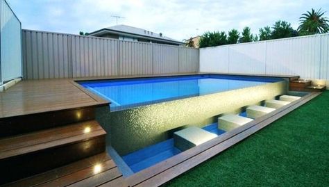 Negative Edge Pool Designs and Spillover Waterfalls Merging with Landscape Pool And Hot Tub Combo, Modern Above Ground Pool, Pool Infinity, Decks Ideas, Concrete Swimming Pool, Geometric Pool, Pool Prices, Semi Inground Pools, Pool And Hot Tub