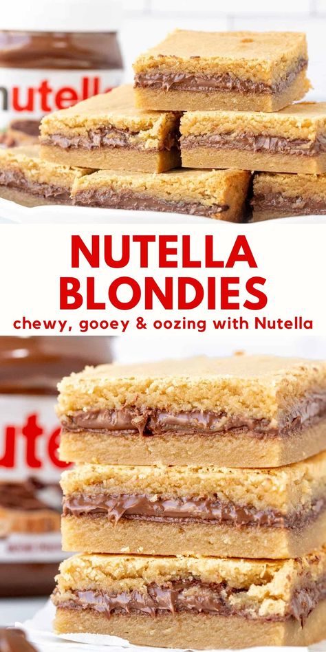 These delicious Nutella blondies have chewy, buttery blondie layers stuffed with gooey Nutella. You get mouthfuls of Nutella in every bite #nutella #blondies #nutellastuffed #recipe #bars #nutellabars from Just So Tasty https://www.justsotasty.com/nutella-stuffed-blondies/ Blonde Recipes, Nutella Blondies, Chewy Blondies, Baked Bars, Gourmet Brownies, Nutella Bar, Bar Desserts, Homemade Nutella, Blondies Recipe