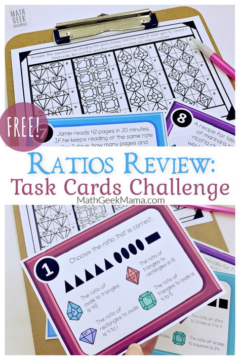 Review writing ratios, equivalent ratios and word problems with ratios & unit rate with this task cards game! Students will have fun as they race to figure out the 4-digit code. Grab it FREE from Math Geek Mama! Ratios Task Cards Review Game – 6th Grade – Printable | Math Geek Mama Ratio Tables 6th Grade, Unit Rate Activities, Ratio Activities 6th Grade, Ratios And Proportions 6th Grade, Comparing Numbers Kindergarten, Easy Math Games, Equivalent Ratios, Review Writing, Math Card Games