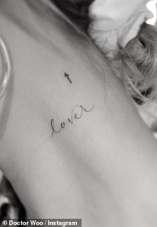 Hailey Baldwin debuts new 'Lover' tattoo on her neck... ahead of first anniversary to Justin Bieber Lover Tattoo Word Font, Tattoo Word Fonts, Justin Bieber Tattoos, Tattoos For Lovers, Small Girl Tattoos, Tattoo Font, Dainty Tattoos, Baby Tattoos, Cross Tattoo