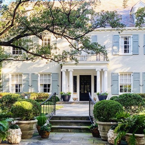 The Mostess For The Hostess – The Potted Boxwood White House Light Blue Shutters, Baby Blue House Exterior, Blue Colonial House Exterior, White House Blue Shutters, White House With Blue Shutters, Penelope Clearwater, House Shingles, Portico Ideas, Whitewash Brick