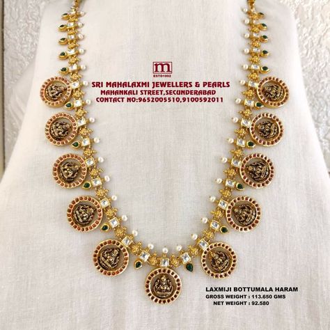 The Exclusive New Collection Added Laxmiji Kundan Bottumala Haram Studded with Kundan and pearls made 22KT BIS HALLMARK Gold VISIT OUR SHOWROOM FOR FULL RANGE OF COLLECTION Please call WHATSAPP VIDEO CALL NO. 9100592011, 9652005510 www.srimahalaxmijewellers.in #SriMahalaxmiJewellers #MahalaxmiJeweller #longharam #bottumala #laxmijikundanbottumalaharam #bottumalaharam #kundanharam #kundanbottumalaharam #tradional #tradionalwear #southindian #southindianwear #bridalwear Bottumala Haram, Bottumala Designs, Bottu Mala, Whatsapp Video Call, Antique Necklaces Design, Antique Necklaces, Modern Gold Jewelry, Indian Jewellery Design Earrings, Bride Jewelry