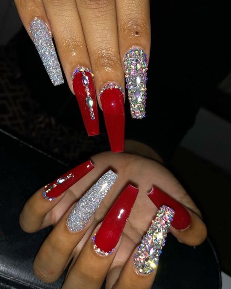 Blinged Out Nails Rhinestones Red, Blingy Red Nails, Hoco Nails Red And Silver, Red Glam Nails Coffin, Red And Silver Nails Coffin, Red And Silver Wedding Nails, Red Nails And Rhinestones, Red Nails With Bling Rhinestones, Red Nails Acrylic With Glitter