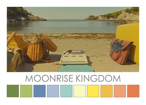 Moonrise Kingdom (2012). In this Wes Anderson film, the colour palette features faded versions of bright, primary colours, particularly red and yellow plus blue and green. This colour palette is reminiscent of a 1950s summer holiday and the handmade aesthetic of that era. For more cinema palettes and colour palettes, go to @cinema.palettes and @colour.design.palettes on Instagram. Content created by Zena O'Connor © zenaoconnor.com.au Cinema Wallpaper, Wes Anderson Color Palette, Wes Anderson Aesthetic, Color In Film, Movie Color Palette, Wes Anderson Films, Cinema Colours, Moonrise Kingdom, Color Palette Yellow