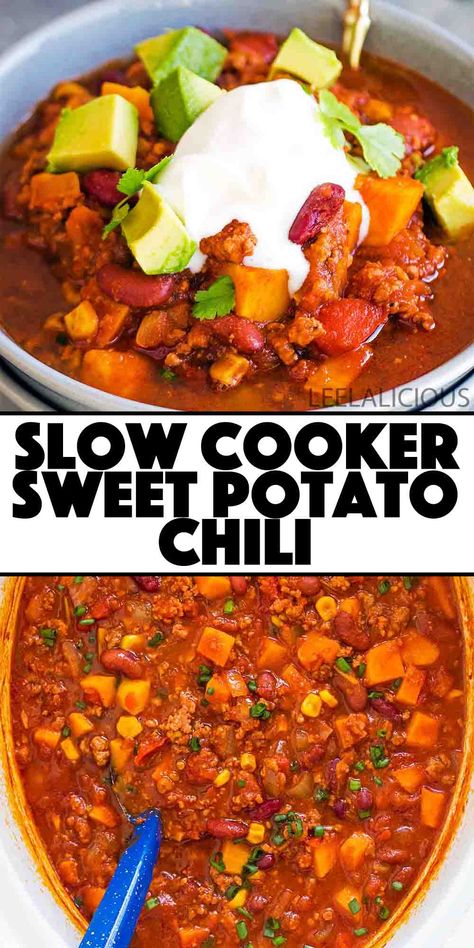 Slow Cooker Sweet Potato Chili » LeelaLicious Turkey Chili Sweet Potato Crock Pot, Crockpot Sweet Potato Turkey Chili, Sweet Potato Chilli Soup, Slow Cooker Quick Meals, Sweet Potato Crockpot Chili, Sweet Potato And Turkey Chili, Crock Pot Sweet Potato Chili, Sweet Potato Recipe Crockpot, Healthy Chili Recipe Crockpot Easy