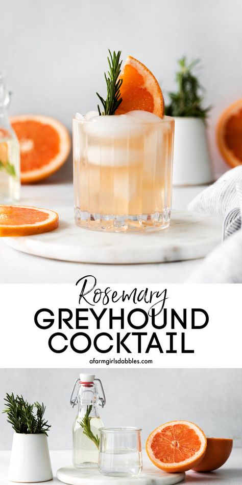 Drink With Rosemary, Rosemary Vodka Cocktail, Rosemary Drinks Cocktails, Rosemary Syrup Cocktail, Rosemary Drinks, Greyhound Drink, Winter Vodka Cocktails, Simple Syrup Drinks, Drink Garnish