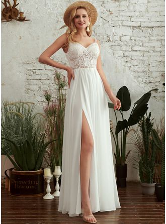 Floor Length Wedding Dress No Train, Backyard Wedding Dress Casual, Informal Wedding Dress Casual, Casual Wedding Dress Backyard, Backyard Wedding Dress Simple, Backyard Wedding Dress, Split Wedding Dress, Wedding Dress Silhouette, Chiffon Lace Dress