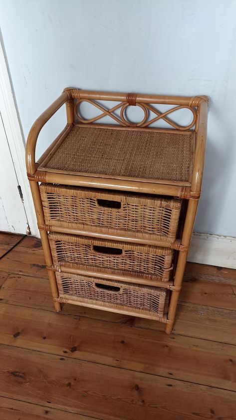 This fabulous three tier/drawer bamboo freestanding unit will add the perfect touch of boho-chic to your home. It's such a versatile and beautiful piece of furniture and would look fab housing your most loved plants. You can use it in any room, in the bathroom to store, cosmetics, towels...as a bedside cabinet or entry way unit... The unit shows signs of general use but it is in great condition overall, it has general signs of use and wear, nothing major. please see photos.  A few bits are missi Wicker Shoe Rack, Boho Home Aesthetic, Cane Drawers, Bamboo Home Decor, Furniture Measurements, Bamboo Furniture Design, Rattan Decor, Retro Apartment, Bohemian Furniture