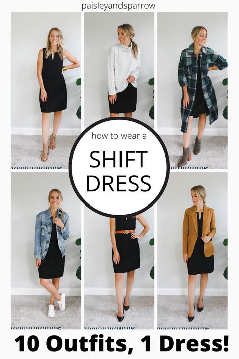 How to wear a shift dress - here are 10 different ways to wear a simple black dress. Work wear, date night, casual, and more! Tips for styling this basic outfit. How To Wear 1 Dress 10 Ways, Black Dress With Jean Shirt, Busi Ess Casual Outfit, Ways To Wear A Dress In Winter, Casual Tshirt Dress Outfits, Straight Black Dress Outfit, Black Shift Dress Outfit Winter, Lbd Work Outfit, Black Dress Work Outfit Winter