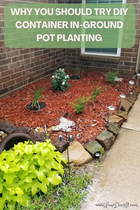 Planters In Ground, Bury Pots In Garden, In Ground Potted Plants, Buried Pots Garden, Potted Plant Flower Bed, Buried Pots In Landscaping, In Ground Planters, Flower Beds With Pots, Potted Plants In Flower Bed