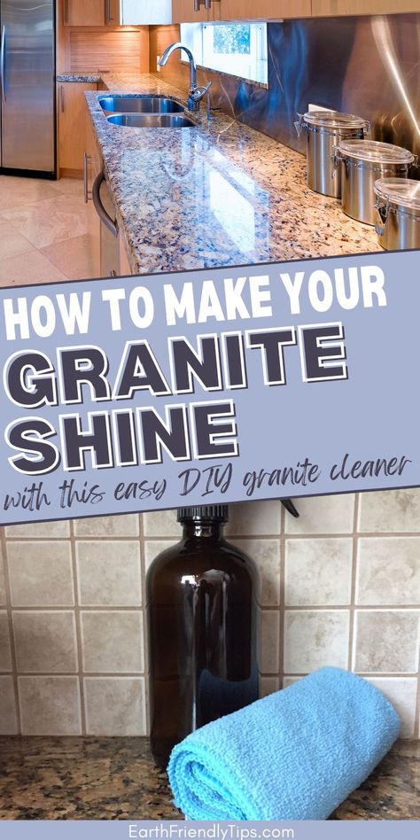 Picture of shiny granite countertops in kitchen and bottle of homemade granite cleaner with text overlay How to Make Your Granite Shine With This Easy DIY Granite Cleaner Make Granite Countertops Shine, Granite Counter Cleaner Diy, How To Clean Black Cabinets, Homemade Countertop Cleaner, Granite Polish Diy, Granite Cleaner Diy Countertops, Granite Countertop Cleaner Diy, Homemade Granite Countertop Cleaner, How To Care For Granite Countertops