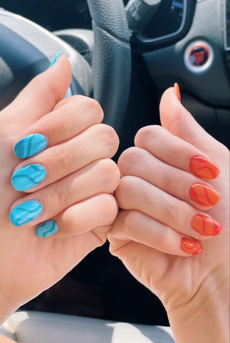 blue
orange
acrylic
design
gel
swirl
squiggles 
nails Short Blue And Orange Nails, One Hand Orange One Hand Blue Nails, Blue And Orange Nails Designs, Orange And Blue Nails, Squiggle Nails, Acrylic Gel Nails, Orange Nail Designs, Nail Color Combos, Polish Ideas