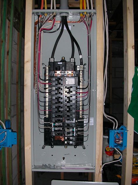 Siemens 30/40 150 ampere main panel. I used 28 out of the 30 knockouts, including the 2–position whole-house surge arrester / TVSS (the top right Square D Homeline "breaker"). I used two multiwire circuits: the disposal and dishwasher wired through 12/3 Romex, and both 20A kitchen appliance circuits through 12/3 Romex. Each multiwire circuit is wired to its own 20A two-pole breaker; I looked for a 20A two-pole GFCI breaker for the kitchen appliance circuits, but that was probably going to be ... Electrical Panel Wiring, Circuit Breaker Panel, Electrician Work, Garage To Living Space, Breaker Panel, Breaker Box, Diy Bird Bath, General Contracting, Star Stencil