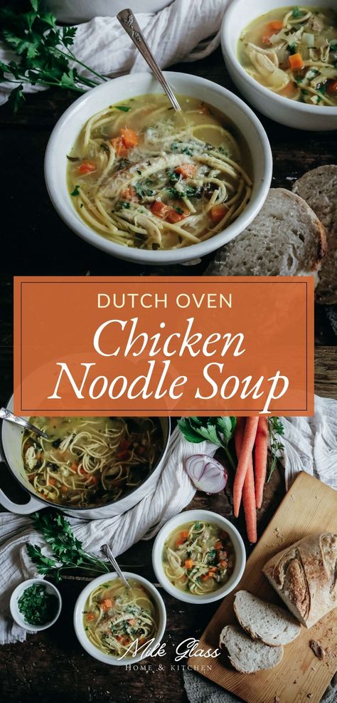 With plump noodles infused in a rich, veggie-packed broth, this Dutch oven chicken noodle soup recipe is warm, cozy, hearty, and delicious! Chicken Soup Dutch Oven, Dutch Oven Chicken Soup Recipes, Chicken Noodle Dutch Oven, Dutch Oven Chicken Noodle Soup, Dutch Oven Chicken Recipes, Chicken Noodle Soup Homemade Whole Chicken, Homemade Chicken Noodle Soup Dutch Oven, German Noodles, Dutch Oven Soup