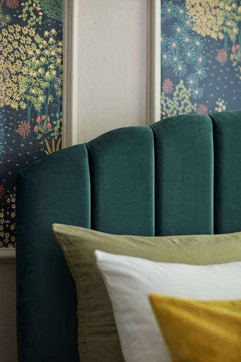 Green Velvet Headboard, Interior Trends 2022, Emerald Green Bedroom, Modern Maximalism, Emerald Green Bedrooms, Statement Bed, Green Headboard, Australia House, Emerald Green Velvet