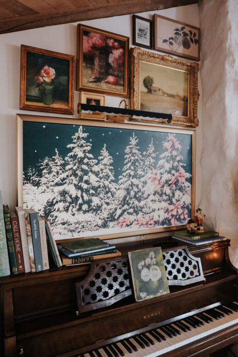 Frame TV Christmas Art (free!) with Picture Lights and Top Christmas Movies (with graphic) Frame Tv Christmas Art, Christmas Frame Tv Art, Frame Tv Art Free, Top Christmas Movies, Free Art Download, Narrow Bench, Tv Christmas, Brass Picture Light, Nesting With Grace