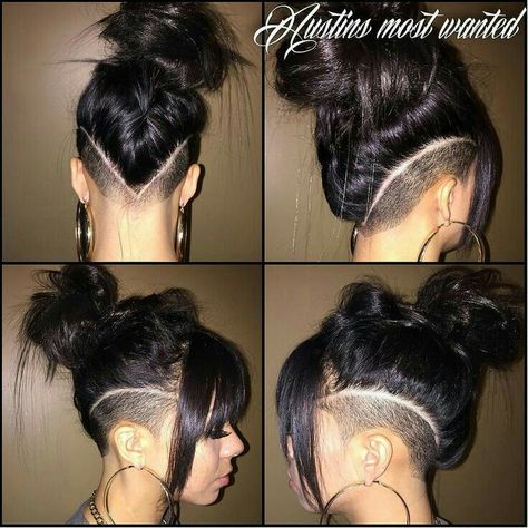 Shaved Long Hairstyles, Fade Mohawk For Women, Masc Hair Styles For Women, Undercut V Shape, Double Side Shave Long Hair, Women’s Under Cut Hair, Small Undercut, Female Undercut Long Hair, Long Hair Shaved Sides