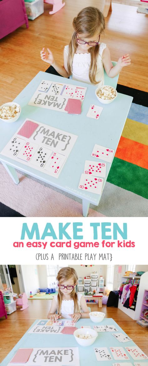 Make Ten... A fun and easy card game for kids that reinforces math concepts and uses a regular deck of playing cards. Free printable play mat included! Printable Play Mat, Home Games For Kids, Easy Math Games, Make Ten, Educational Math Games, Math Card Games, Games To Play With Kids, Kindergarten Math Games, Making Ten