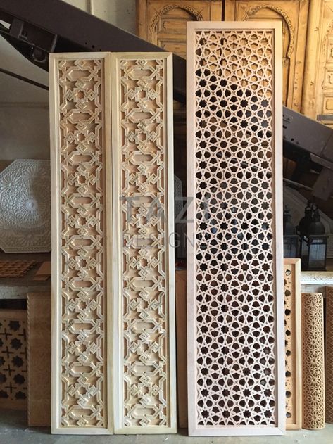 Moroccan Wood Screens and Carved Door Panels – Tazi Designs Panel Door Design, Carved Wood Panel, Moroccan Table Lamp, Moroccan Doors, Carved Door, Wood Window, Wood Screens, Pooja Room Door Design, Wooden Screen