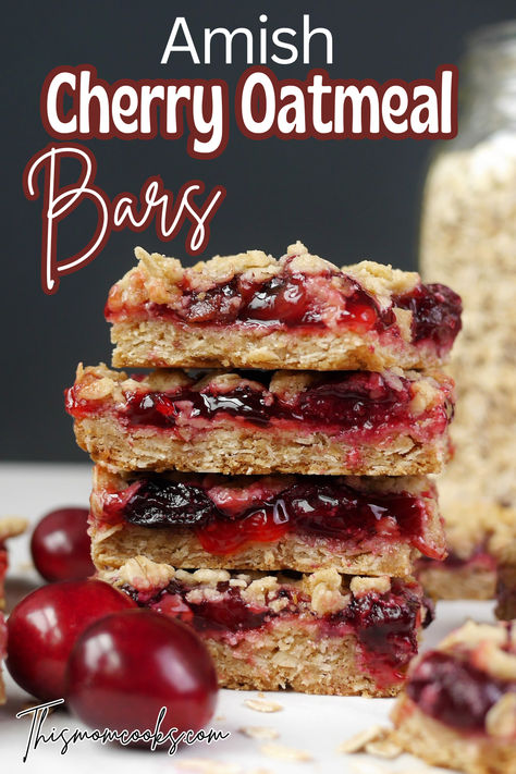 These cherry bars are made with a buttery oatmeal cookie base, filled with homemade cherry pie filling and topped off with additional oatmeal crumbs! Oatmeal Cookie Crust Desserts, Cherry Crumb Bars, Cherry Breakfast Bars, Cherry Pie Cookie Bars, Cherry Oatmeal Crumble Bars, Cherry Oat Bars, Cherry Oatmeal Bars, Cherry Dessert Recipes, Amish Oatmeal