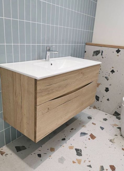 Create an on-trend bathroom scheme with pale blue tiles, terrazzo flooring and Crosswater furniture. Credit: The Burthill Build #terrazzotiles #terrazzoflooring #bluemetrotiles #bathroomstorage #contemporarybathroom #familybathroomideas Blue Terazzo Floor Bathroom, Terrazzo And Blue Bathroom, Terrazzo Wood Bathroom, Terrazo Bathroom Flooring, Blue And Wood Bathroom, Terazzo Floor Bathroom, Terrazzo Flooring Bathroom, Terrazo Bathroom Floor, Terrazo Tile Bathroom Ideas