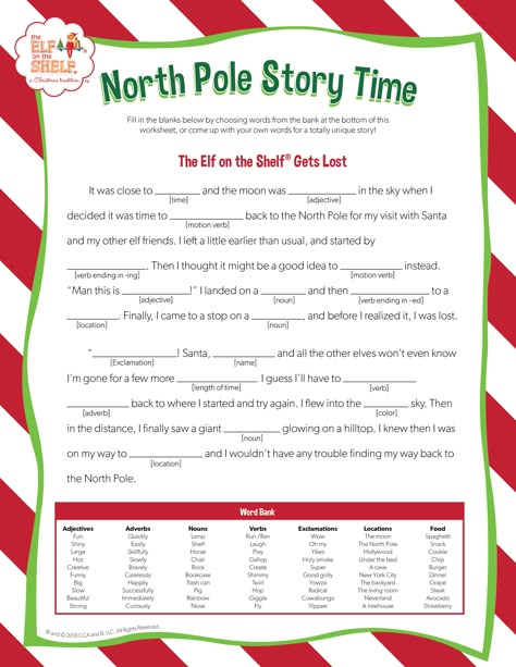 North Pole Story Time Free Printable | Fill in the blank | Holiday Teacher Printables | Elf on the Shelf Ideas Elf On The Shelf Activity Sheets, Elf On The Shelf Games Free Printable, Elf On The Shelf Printables, Elf On Shelf Printables, Christmas Stories For Kids, Christmas Puzzle, Christmas Worksheets, Elf Activities, Xmas Elf