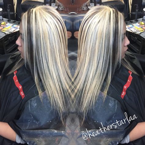 Dark underneath with heavy chunky blonde highlight on top Blonde On Top Dark Underneath, Black Lowlights, Heavy Blonde Highlights, Blonde Brown Hair Color, Chunky Blonde Highlights, Hair Colouring, Blonde Highlight, Hair Things, Colour Ideas