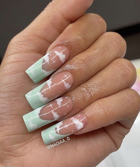 Simple Acrylic Designs, Summer Spring Nails, Cloud Nails, Mint Green Nails, Mint Nails, Green Acrylic Nails, Simple Acrylic, Cute Simple Nails, Green Nail Designs