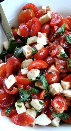 Cherry Tomato Salad with Basil and Mozzarella Salad Caprese, Tomato Mozzarella Basil, Basil Salad, Cherry Tomato Salad, Tomato Salad Recipes, Mozzarella Salad, Tomato Mozzarella, Fruit Salad Recipes, Cherry Tomato