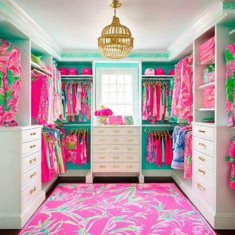 Lilly Pulitzer Aesthetic, Boutique Closets, Mermaid Closet, Lilly Pulitzer Room, Pink And Teal Bedroom, Bright Room Colors, Bright Color Decor, Preppy House, Master Closet Design