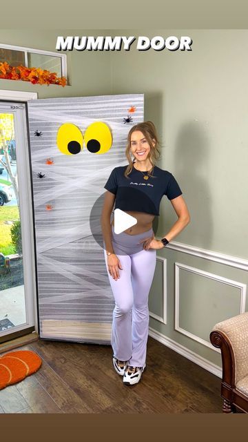 Kaitlyn Anderson on Instagram: "DIY MUMMY DOOR 🧻🚪 Make any door spooky season ready with just a few supplies! This is such an easy project and you probably already have everything you need right at home!

🔗EVERYTHING LINKED ON MY LTK & AMAZON STOREFRONT!

SUPPLIES: 
-White streamers (I used two packs- 150 ft. each)
-Scotch tape
-Yellow construction paper
-Black peel and stick felt sheets ( Or you could use black construction paper)
-Scissors
-Spooky spiders

DIRECTIONS:
-Measure across your door with the streamer to get the right length leaving a few extra inches to wrap behind your door and cut with scissors.
-From top to bottom, tape your streamers starting from behind the door, wrapping around the front, and taping it off behind the door.
-Tape some zig zagged streamers to give it th Mummy Door Decoration, Tape Mummy Craft, Mummy Halloween Door Decorations, Mummy Door, Monster Doors For Halloween, Monster Door Halloween, Halloween Diy Door, Spooky Spiders, Black Construction Paper