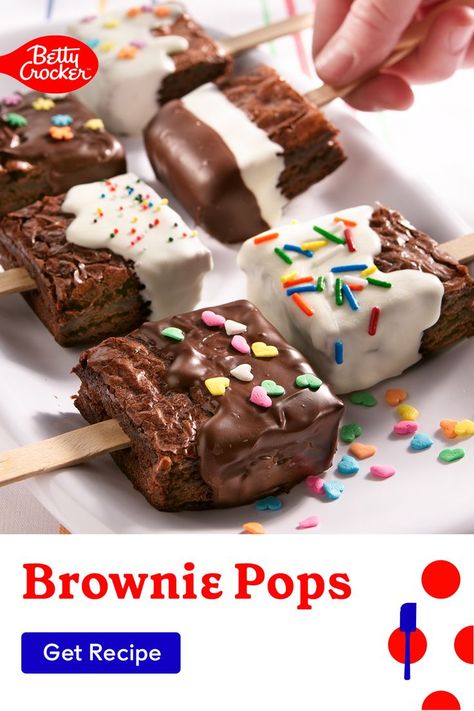 brownie pops, brownie pops recipe, brownie cake pops, dessert recipes, easy dessert recipe, chocolate dessert recipes, summer recipes, betty crocker recipes Brownie Pops Recipe, Betty Crocker Brownie Mix, Bake Sale Desserts, Decorated Brownies, Birthday Brownies, Easy Party Desserts, Brownie Pops, Bake Sale Recipes, Easy Dessert Recipe