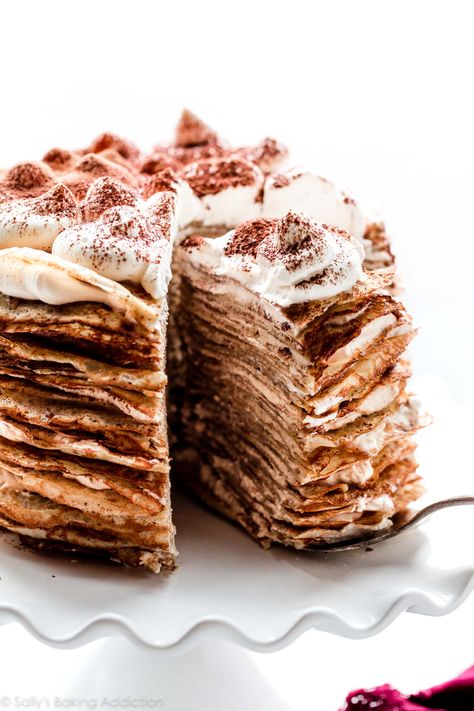 Tiramisu Crepe Cake Recipe, Tiramisu Filling, Crepe Cake Recipe, Homemade Crepes, Sweet Whipped Cream, Sweet Crepes, Sally's Baking, Bake Cake, Crepe Cake