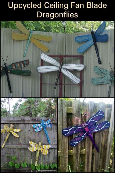 This Upcycled Ceiling Fan Dragonfly in Your Yard is Sure to Make Passers-by Take a Second Look Ceiling Fan Dragonfly, Upcycled Ceiling Fan, Fan Blade Dragonfly, Old Ceiling Fan, Ceiling Fan Crafts, Fan Blade Art, Dragonfly Yard Art, Ceiling Fan Art, Old Ceiling