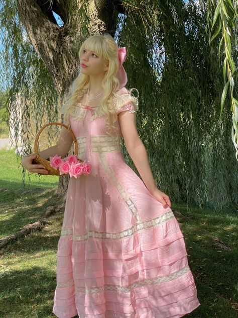 Pink Princess Aesthetic Outfit, Pink Cottagecore Clothes, Barbie Cottagecore, Cottagecore Barbie, Pink Fairy Outfit, Pink Renfaire Dress, Pink Cottagecore Dress, Pink Cottagecore Aesthetic, Pastel Pink Cottagecore Dress