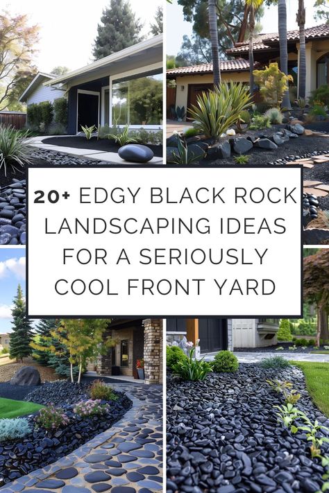 Tired of the same old boring front yard? Ready to ditch the mulch and step into a realm of edgy sophistication? These 20+ black rock landscaping ideas are about to transform your curb appeal into Garden With Rocks Front Yards, Rocked Front Yard Landscaping Ideas, Black Landscaping Ideas, Black Rock For Landscaping, Zeroscape Landscaping Front Yards, White And Black Rocks Landscaping Ideas, Landscape Ideas Front Yard With Rocks, Black Pea Gravel Landscape, Landscape Rock Ideas Front Yard