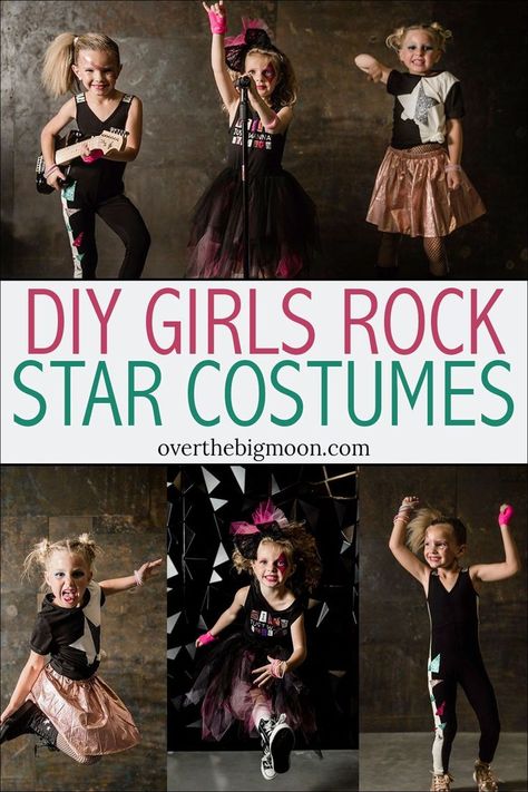 DIY Girls Rock Star Costumes - use store bought clothes and customize them with Iron On Vinyl, etc to make these awesome DIY Girls Rock Star Costumes! From overthebigmoon.com! Pop Star Dress Up Ideas, Rock Star Hair For Kids, Rock Star Dress Up Day School, Kids Rockstar Costume Diy, Rockstar Dress Up Day At School, Rock And Roll Dress Up Day, Dress Like A Rock Star Day At School, Rockstar Costume Girl, Rock Star Day At School