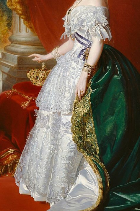 Empress Eugenie in Court Dress (detail), by Franz Xaver Winterhalter, 1853. Oil on canvas. Winterhalter Portraits, Empress Eugenie, Franz Xaver Winterhalter, This Side Of Paradise, Royal Clothes, Dress Painting, Court Dresses, Fairytale Fashion, Art Details