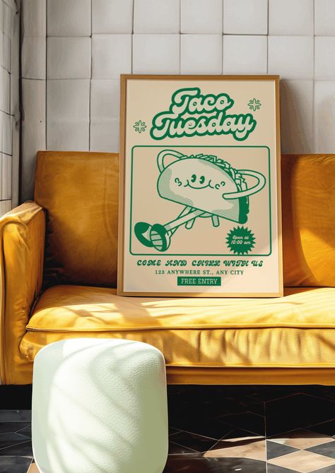 Retro diner style posters for kitchen 'Taco Tuesday'/ come and chill with us'  quote print/ dining room decor/ food poster Retro Taco Illustration, Breakfast Bar Wall, Taco Poster, Taco Quotes, Posters For Kitchen, Cozy Scandinavian, Scandinavian Style Home, Retro Diner, Bar Wall