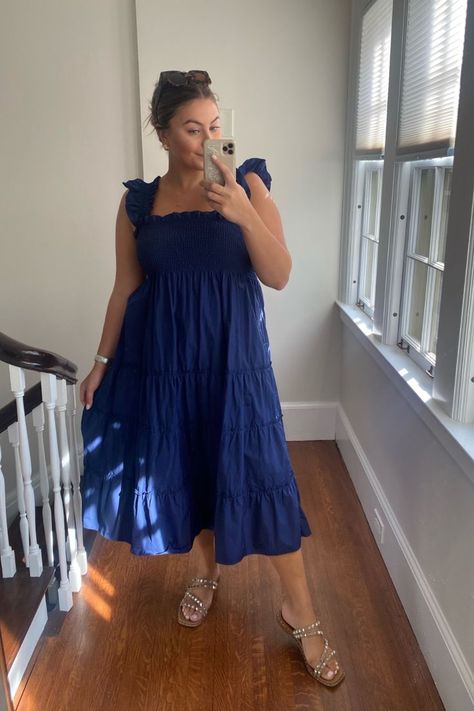 Caralyn Mirand taking an OOTD selfie wearing a navy blue nap dress, sunglasses, sandals, gold earrings, and black sunglasses. Nap Dress, Cruise Fashion, Midi Dress Plus Size, Tiered Midi Skirt, Transition Outfits, Warm Dresses, Hill House, Dress Back, Back In Stock