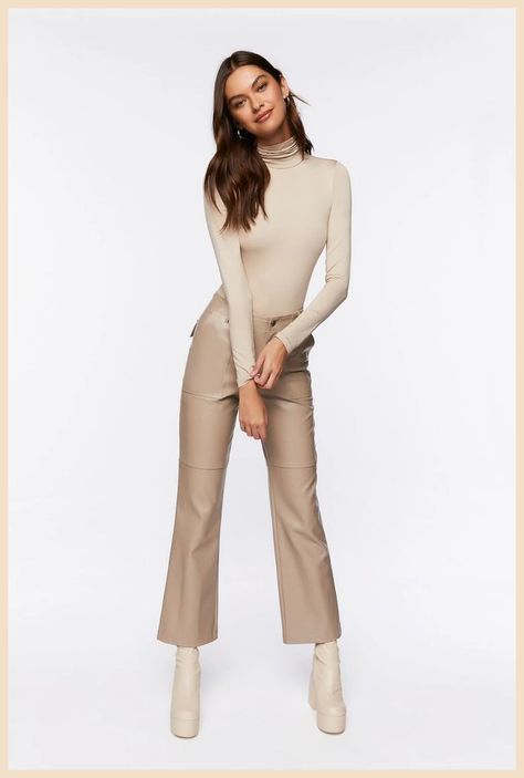 Beige Wide Leg Pants Outfit, Leather Bootcut Pants, Faux Leather Pants Outfit, White Leather Pants, Wide Leg Pants Outfit, Leather Pants Outfit, Beige Outfit, Special Clothes, White Turtleneck