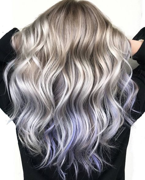 Platinum With Purple Highlights, Icy Blonde With Lavender Highlights, Blonde With Lilac Peekaboo, Blue Blonde Balayage, Purple Balayage Blonde Hair, Blonde Balayage With Blue Peekaboo, Lavender Babylights Hair, Platinum Blonde Hair With Purple Tint, Light Purple Balayage Blondes