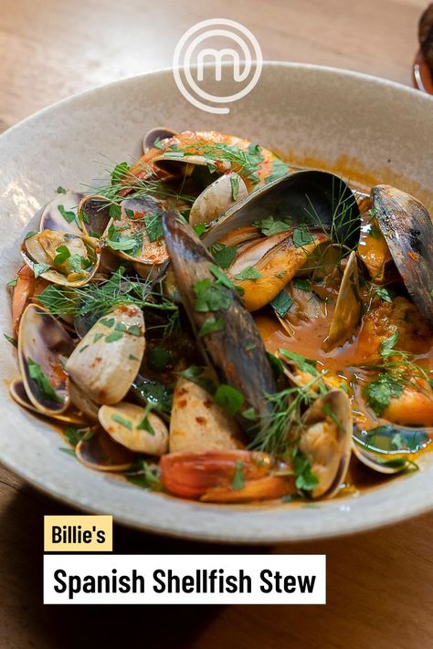 This Spanish Seafood Stew is a flavour-bomb. Spanish Seafood Stew, Mixed Seafood Recipe, Mixed Seafood, Masterchef Recipes, Seafood Mix, Masterchef Australia, Seafood Recipe, Seafood Stew, Sliced Tomato