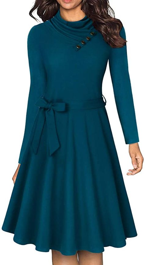 Diphi LiLi Dress for Women, Long Sleeve Fashion Clothes for Ladies Retro Dress with Belt Dark Teal at Amazon Women’s Clothing store Belted Long Dress, Long Sleeve Fashion, Teal Dress, Maxi Dress Cocktail, Bodycon Dress Parties, Sleeve Fashion, Dress With Belt, Winter Outfits Women, Dark Teal