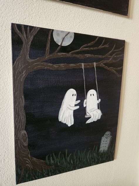 Paint Couple Ideas, Halloween Simple Paintings, Ghost Painting Ideas Easy Simple, Small Ghost Painting, Acrylic Painting Ideas Halloween, Halloween Easy Painting Ideas, Best Friends Painting Canvases, Two Ghosts Painting, Black Cat Halloween Painting